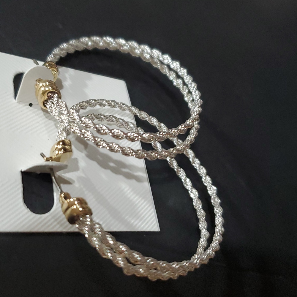 Lauren Ralph Lauren two Tone Rope Split gold and silver plated hoop Earrings new - Picture 7 of 9